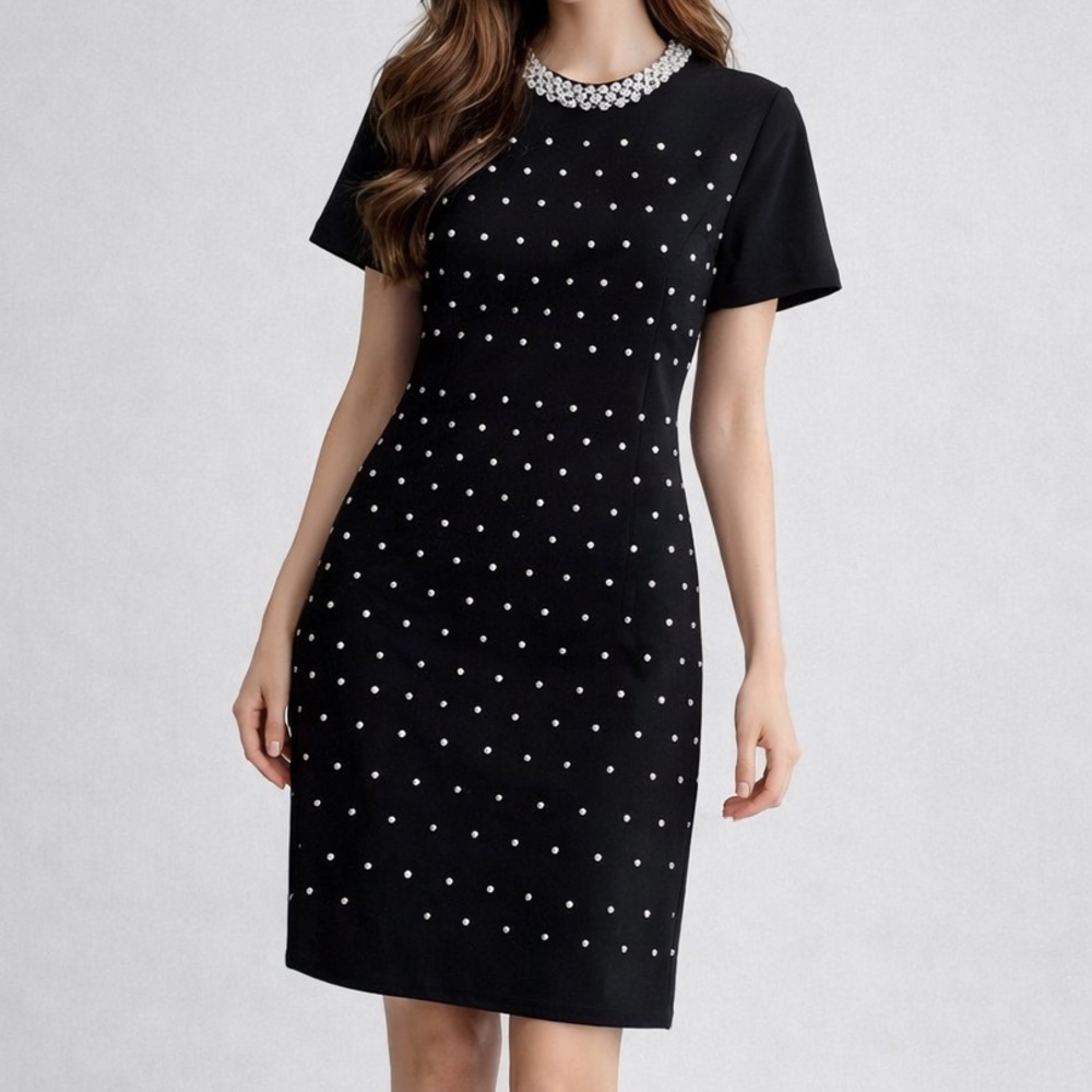 🆕Ming Wang Black Embellished Pearl Stud Shift Dress Size M Elegant Evening Dress